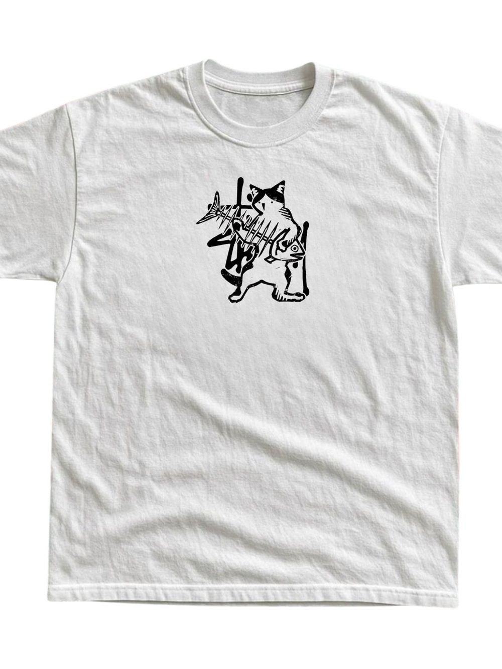Gildan White Graphic Tee with Black Cat and Fish Skeleton Design
